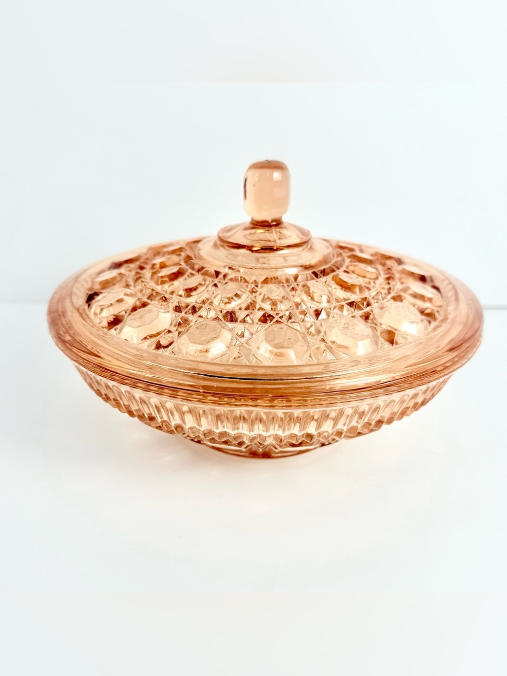 Vintage Indiana Glass Windsor Pink Peach Ballad Cane & Button Design Candy Dish